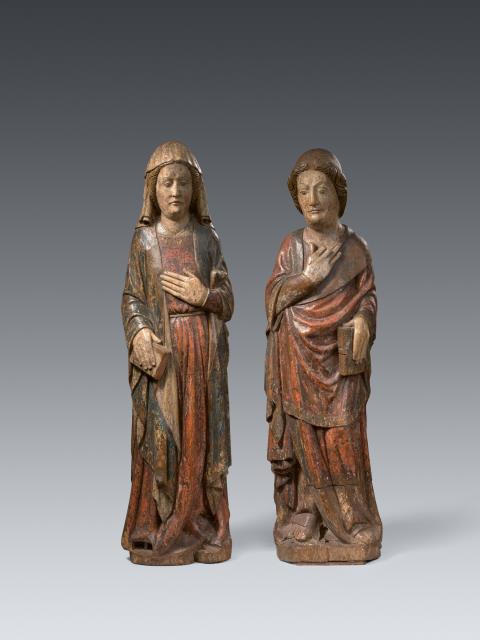 Northern Germany or Netherlandish - Carved oak figures of the Virgin and St John from a crucifixion, Northern Germany or Netherlands, late 13th century