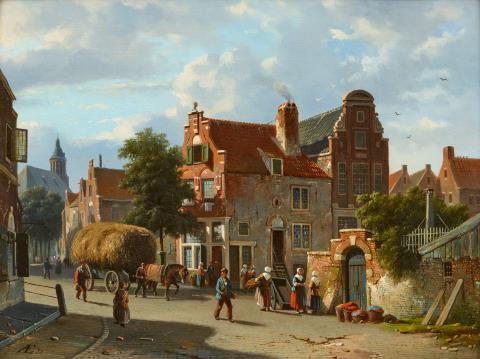 Adrianus Eversen - Paar Gemälde: Sommerliche Stadtansicht mit einem Heuwagen und vielen Figuren
Holländische Kanalszene mit Figuren und einem Kahn