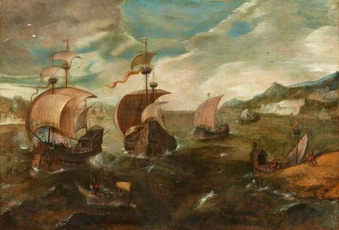 Pieter Brueghel d. J. - Kriegsschiffe vor einer Küste