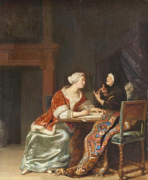 Jan Miense Molenaer - Interieur mit einer jungen Briefschreiberin und einer alten Frau