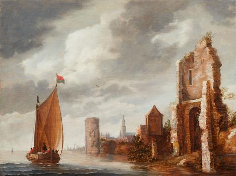 Wouter Knijff - Segelschiff vor einem ruinösen Turm, in der Ferne eine Hafenstadt (Antwerpen?)