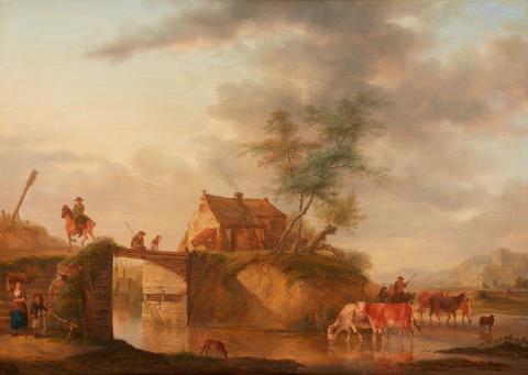 Jean Louis Demarne - Landschaft mit Fluss, Brücke, Bauernkate und Viehherde