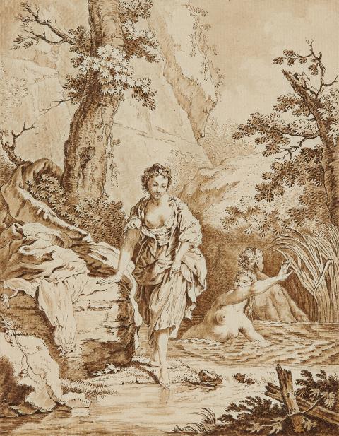 Johann Heinrich Tischbein d. Ä. - Landschaft mit Gebirgsbach und badenden Frauen
