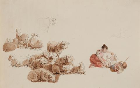 Adrian Zingg - Studie mit Schafen und einer Frau mit ihrem Kind
