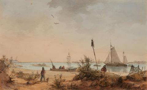 Andreas Achenbach - Küstenlandschaft mit Fischern und Segelschiffen in der Ferne