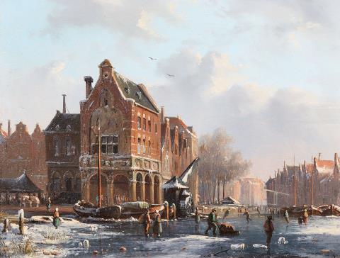 Adrianus Eversen - Zugefrorener Kanal in einer holländischen Stadt
