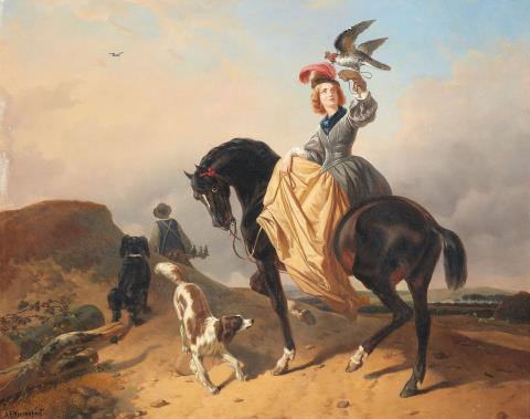 Josephus Jodocus Moerenhout - Falknerin auf einem schwarzen Pferd