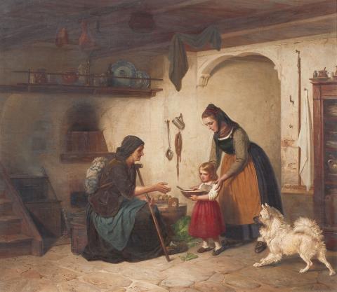 August Diercks - Interior Scene with a Peasant Family and a Dog