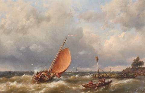 Hermanus Koekkoek I - Coastal View with Sailing Ships and Rowing Boats on Choppy Seas