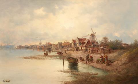 Armand Doré - Ein Paar Küstenlandschaften mit Windmühlen und Fischern