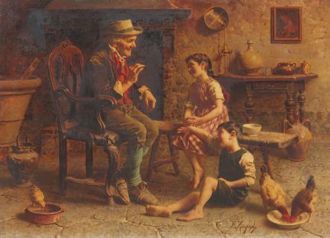 Eugenio Zampighi - Küchenszene mit altem Mann, Kindern und Geflügel