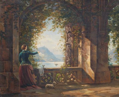 Franz Stegmann - The Farewell. Rhine Landscape with a Woman waving on a Balcony