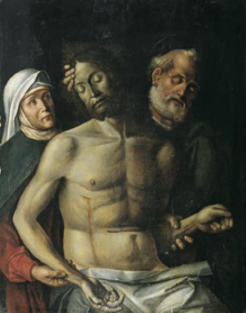 Jacopo Bellini - DER TOTE CHRISTUS VON SEINER MUTTER UND DEM APOSTEL PETRUS GEHALTEN.