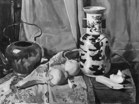 Carl Ederer - Obststilleben mit Porzellanvase und Messingkanne