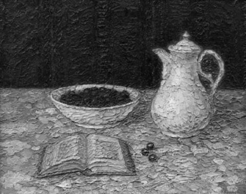 Médard Kruchen - Stilleben mit Kirschen, Kaffeetopf und aufgeschlagenem Buch