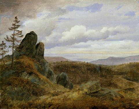 Georg Heinrich Crola - HARZLANDSCHAFT- Weiter Blick über das Bergland in die Ebene.