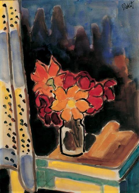 Karl Schmidt-Rottluff - Blumenstilleben (Rote Blüten in einem Glas am Fenster)