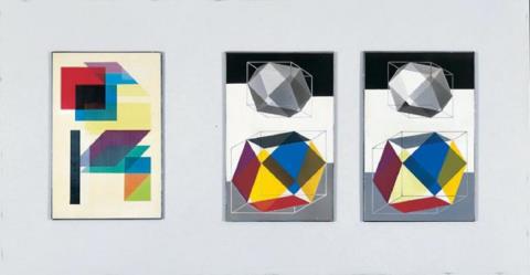 Oskar Schlemmer - Drei Farbmustertafeln (Entwürfe für ein Lackkabinett): "Räumlich gefügte Flächen", "Farbwürfel" und Variante zu "Farbwürfel"