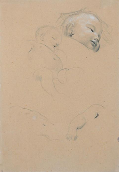Gustav Klimt - Kopf- und Körperstudie eines schlafenden Kindes, nach rechts, Armstudie