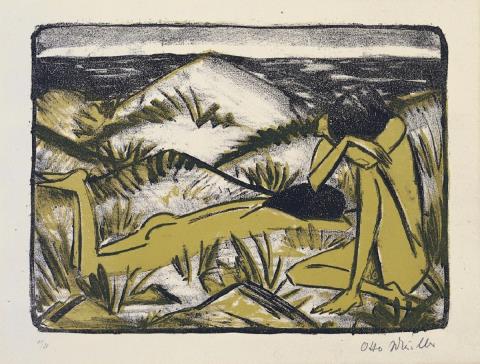 Otto Mueller - Ein in Dünen sitzendes und ein liegendes Mädchen (Zwei Mädchen in den Dünen, Sylt)