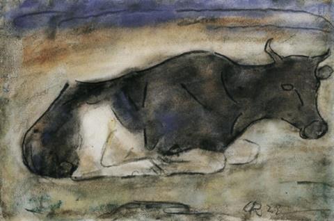 Christian Rohlfs - Liegende Kuh. Rückseitig: Margueriten