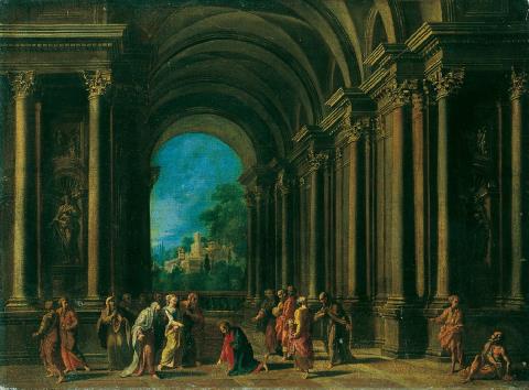 Giovanni Paolo Panini - ARCHITEKTURCAPRICCIO MIT BIBLISCHER STAFFAGE, Christus und die Ehebrecherin.