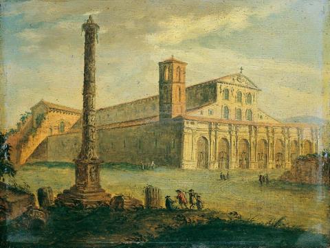  Römischer Meister - ZWEI RÖMISCHE VEDUTEN. 1. Blick auf den Petersplatz aus der Vogelschau. 2. Die Basilika S. Paolo fuori delle mura.