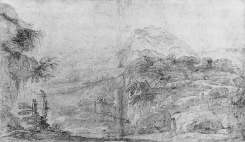 Giovanni Francesco Barbieri, called Il Guercino - FELSIGE LANDSCHAFT MIT EINEM EINSIEDLER.