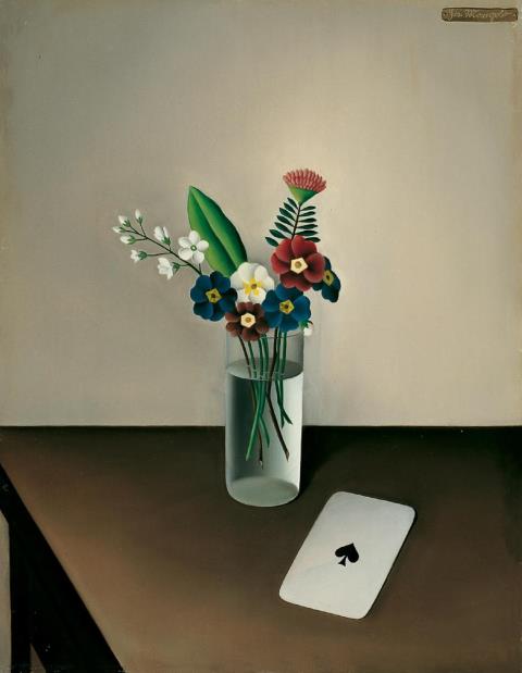 Josef Mangold - Blumenstilleben mit Primeln und Spielkarte