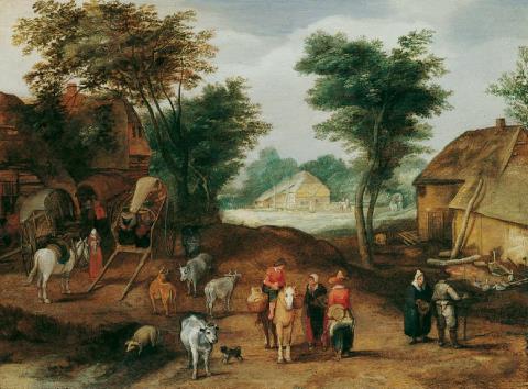 Jan Brueghel d. J., Umkreis - DORFSTRASSE MIT FIGUREN- UND VIEHSTAFFAGE.
