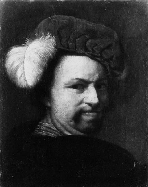 Rembrandt-Schule, nach - EIN BÄRTIGER MANN MIT FEDERBESETZTEM BARETT UND OHRRING.