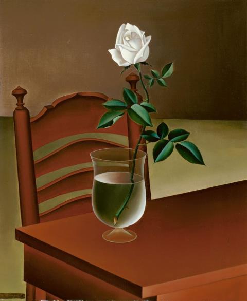 Josef Mangold - Stilleben mit weißer Rose in einer Glasvase