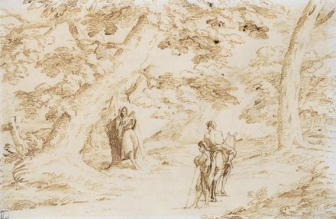 Giovanni Francesco Barbieri, called Il Guercino - BAUMBESTANDENE LANDSCHAFT MIT EINEM EREMITEN UND REISENDEN.