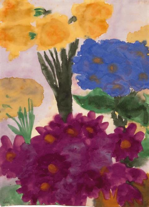 Emil Nolde - Blumenstilleben (Blaue, dunkelrote und gelbe Blüten)