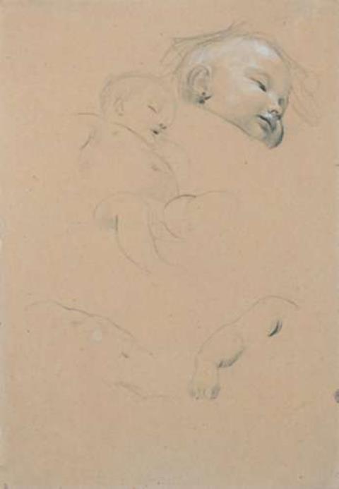 Gustav Klimt - Kopf- und Körperstudie eines schlafenden Kindes, nach rechts