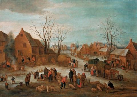 Jan Brueghel d. J., Umkreis - WINTERLICHE DORFLANDSCHAFT MIT EINEM VIEHMARKT.