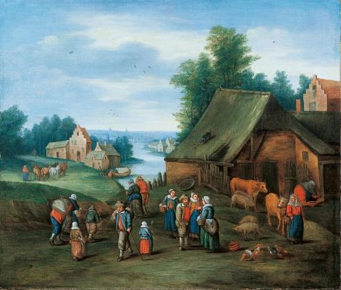 Theobald Michau, circle of - RIVER LANDSCAPE WITH FARMSTEAD AND PEASANTS