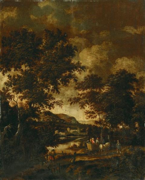 Jan Gabrielsz. Sonje, circle of - WOODED RIVER LANDSCAPE WITH CASTLE AND PEASENTS