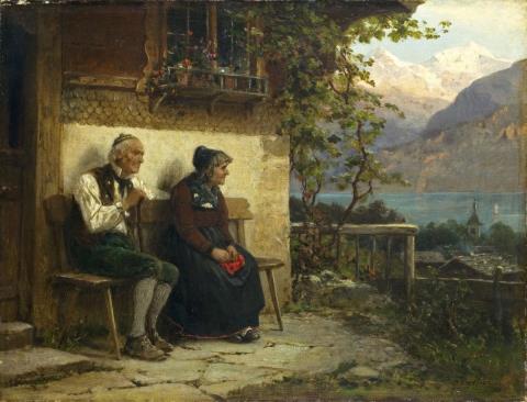Benjamin Vautier - EVENING. TWO OLD PEASENTS SITTING IN FRONT OF THEIR HOUSE
