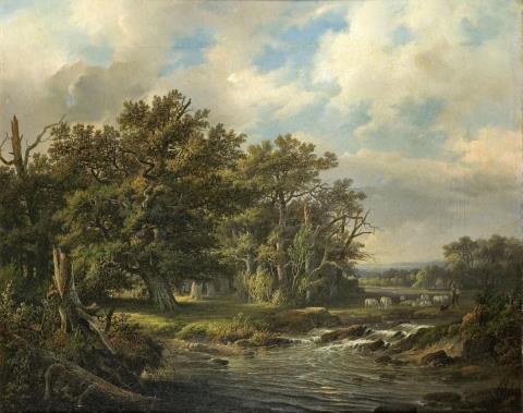 Barend Cornelis Koekkoek - WOODED RIVER LANDSCAPE WITH SHEEPS AND SHEPHERD