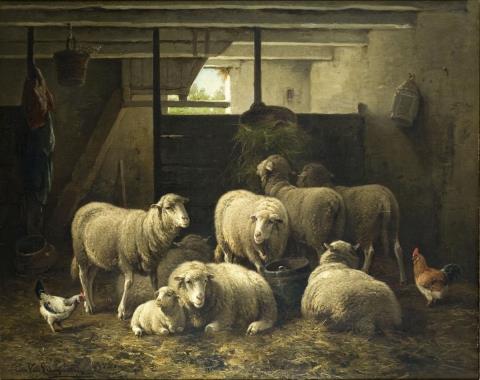 Cornelis van Leemputten - BARN WITH SHEEPS AND CHICKEN