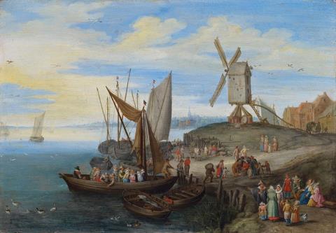 Pieter Gysels - HARBOUR SCENE WITH WIND MILL AND MERCHANTS