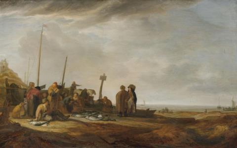 Simon de Vlieger - VIEW OF A DUNE AND A COAST WITH LIGHTHOUSE AND FISHERMEN