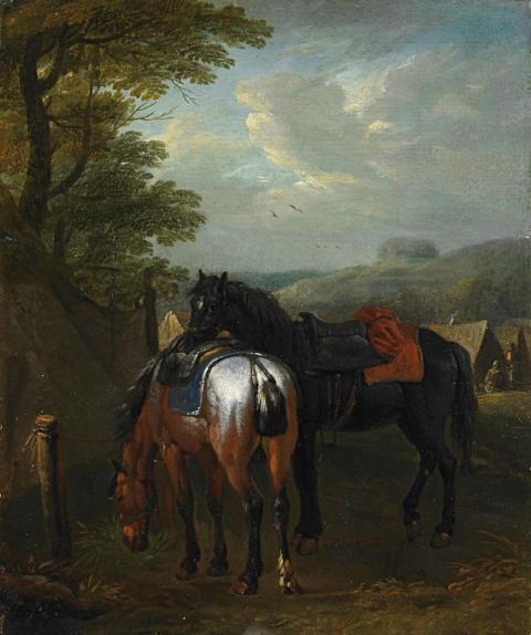 Pieter van Bloemen - TWO HORSES WITH SADDLES AT A WATERING PLACE TWO HORSES WITHOUT SADDLES AT A WATERING PLACE
