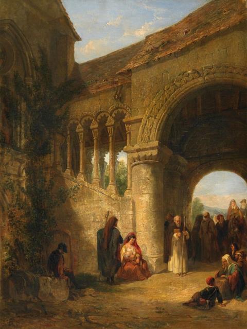 Francois Antoine Bossuet - GENRE SCENE IN FRONT OF A SPANISH CHURCH AND MOORISH GATE