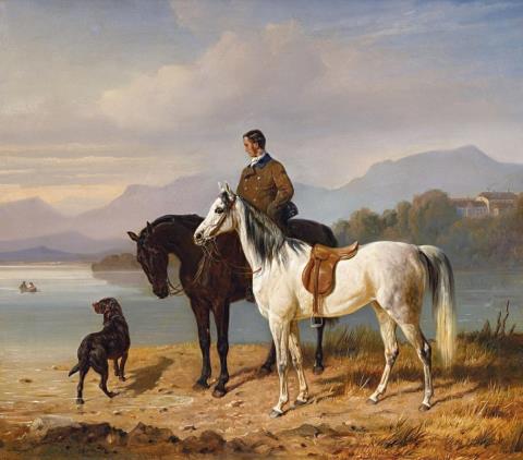 Franz Adam - THE CHIEMSEE WITH HORSEMEN AND SADDLED WHITE HORSE
