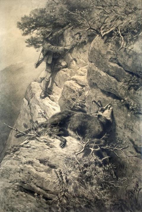 Franz Xaver von Pausinger - HUNTER WITH CHAMOIS BUCH IN THE MOUNTAINS