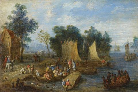 Josef van Bredael - WOODED RIVER LANDSCAPE WITH BOATS AND A FERRY