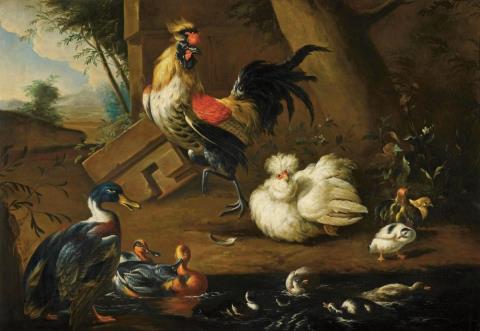 Melchior de Hondecoeter - HENS AND DUCKS IN FRONT OF AN ARCHITECTURAL STAFFAGE