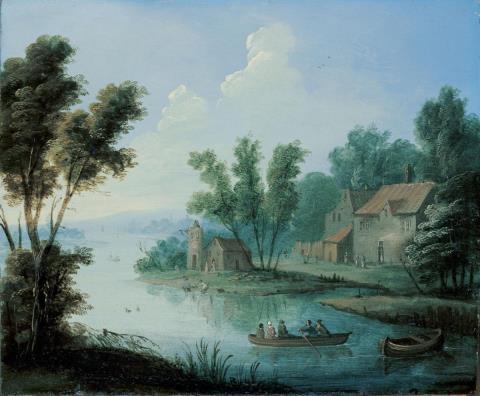 Jan Pieter van Bredael the Younger - RIVER LANDSCAPE WITH BOAT AND FARMSTEAD